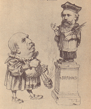 Der gefürchtete Musik-Kritiker Hanslick beweihräuchert Johannes Brahms (Zeitgenössische Karikatur)
