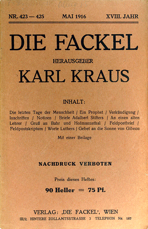 Karl Kraus - Prolog-Umschlagseite der "Fackel" mit dem Anfang von "Die letzten Tage der Menschheit"