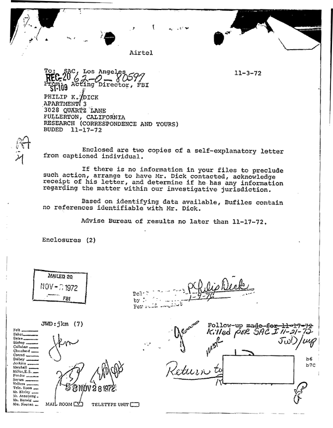 FBI-Akte über Philip K. Dick aus dem Jahre 1972