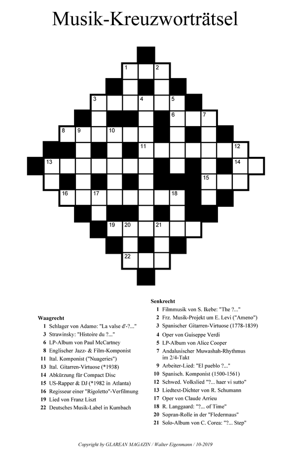Musik-Kreuzworträtsel - Oktober 2019 - Music Crossword Puzzle - Aufgaben -Glarean Magazin