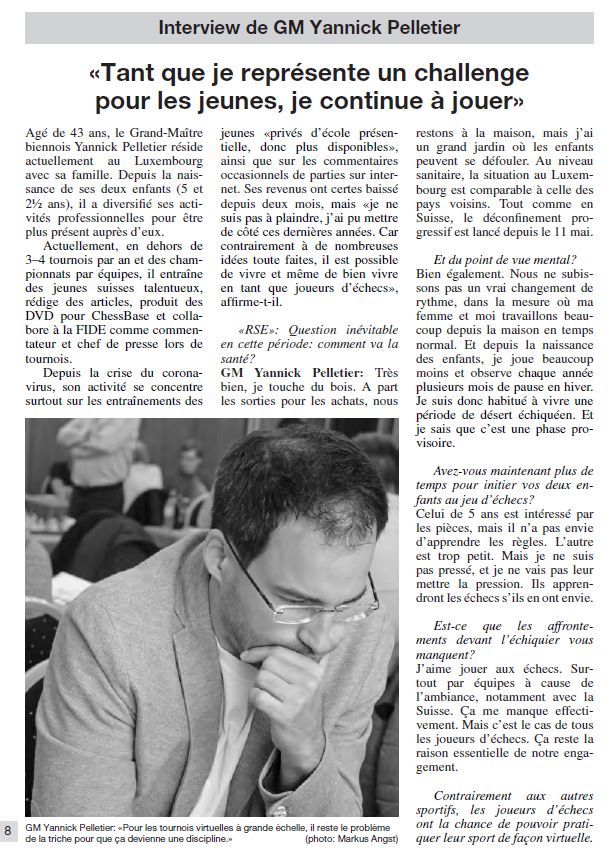 Interview in der Schweizerischen Schachzeitung 3-2020 mit dem Schweizer Grossmeister Yannick Pelletier - auf französisch