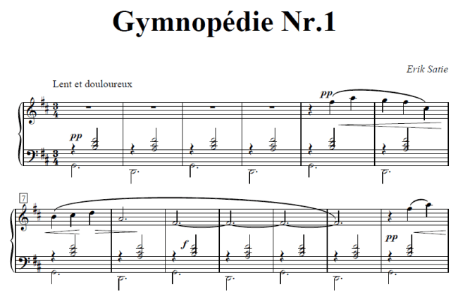Beginn der Gymnopédie Nr. 1 für Klavier von Erik Satie