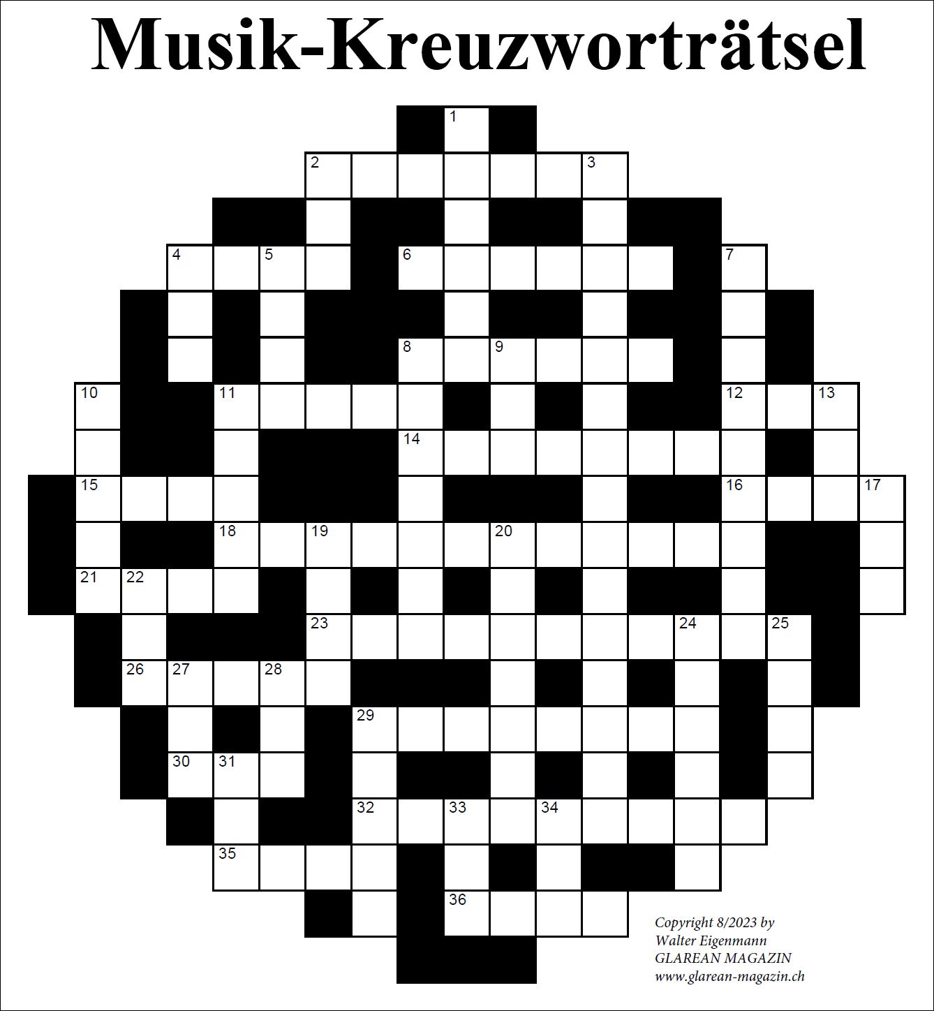 Musik-Kreuzworträtsel - August 2023 - Walter Eigenmann - Glarean Magazin