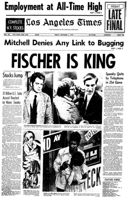 König Fischer auf der Frontseite der Los Angeles Times vom 1. September 1972 - Glarean Magazin